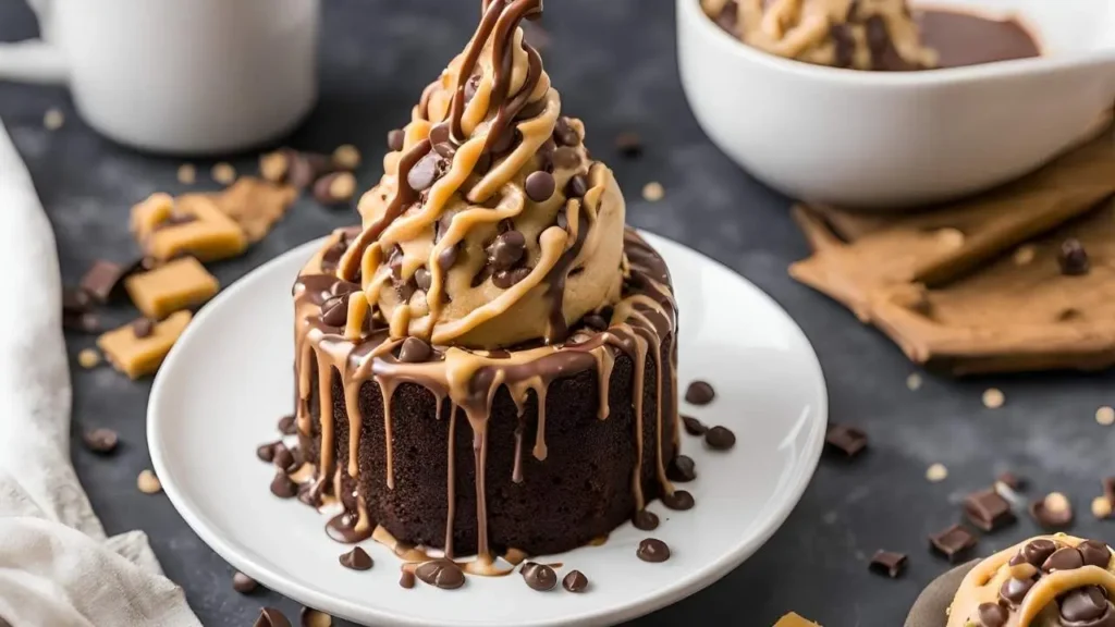 Three mugs showing creative variations of chocolate chip mug cake: peanut butter swirl, caramel drizzle, and double chocolate, with colorful toppings on a bright kitchen counter.