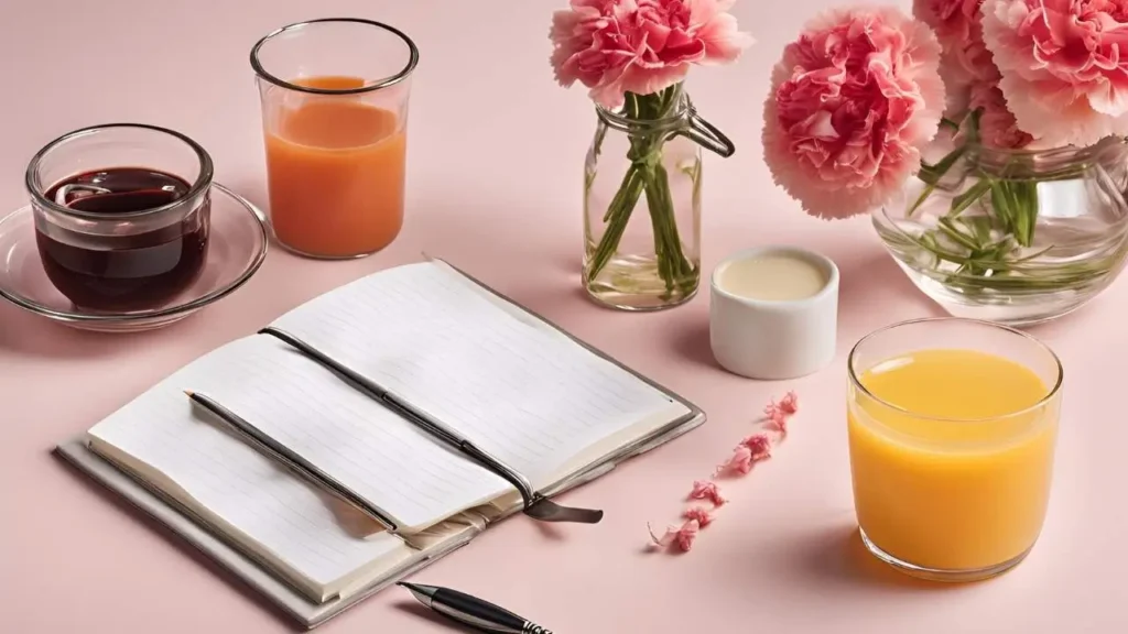 A glass of next to a notebook with FAQs written on it, set on a light, neutral background with vibrant accents.