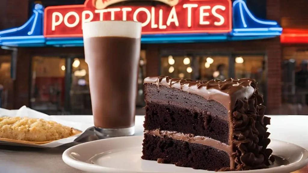 Cake slice with a restaurant backdrop and online ordering option.