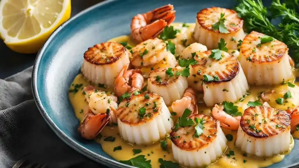 A beautifully plated dish of golden seared scallops and lobster tails drizzled with garlic butter sauce, garnished with parsley and lemon, with text overlay: "Quick, Easy, and Restaurant-Quality!"