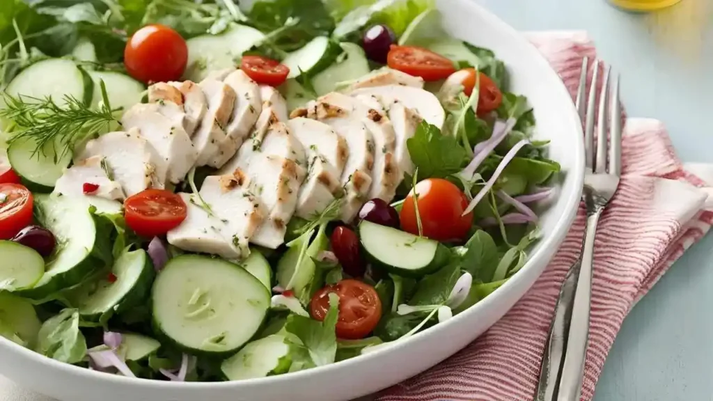 Tender poached thin-sliced chicken breasts served on a bed of mixed greens, cherry tomatoes, and cucumber slices, drizzled with a light vinaigrette and garnished with fresh dill.