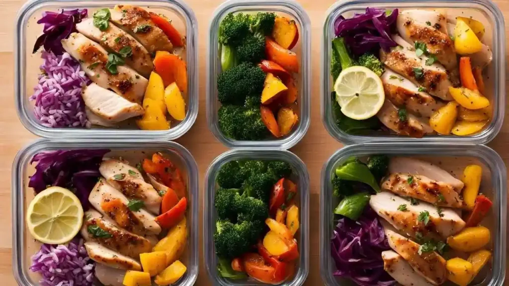 Marinated thin-sliced chicken breasts in glass meal prep containers, showcasing different marinades like lemon-garlic, honey-soy, and herb-balsamic, with sides of roasted vegetables and quinoa.